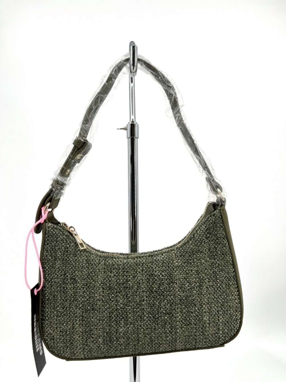 LIKE DREAMS Eden Straw Shoulder Bag Olive Green Woven Faux Leather Zip Purse